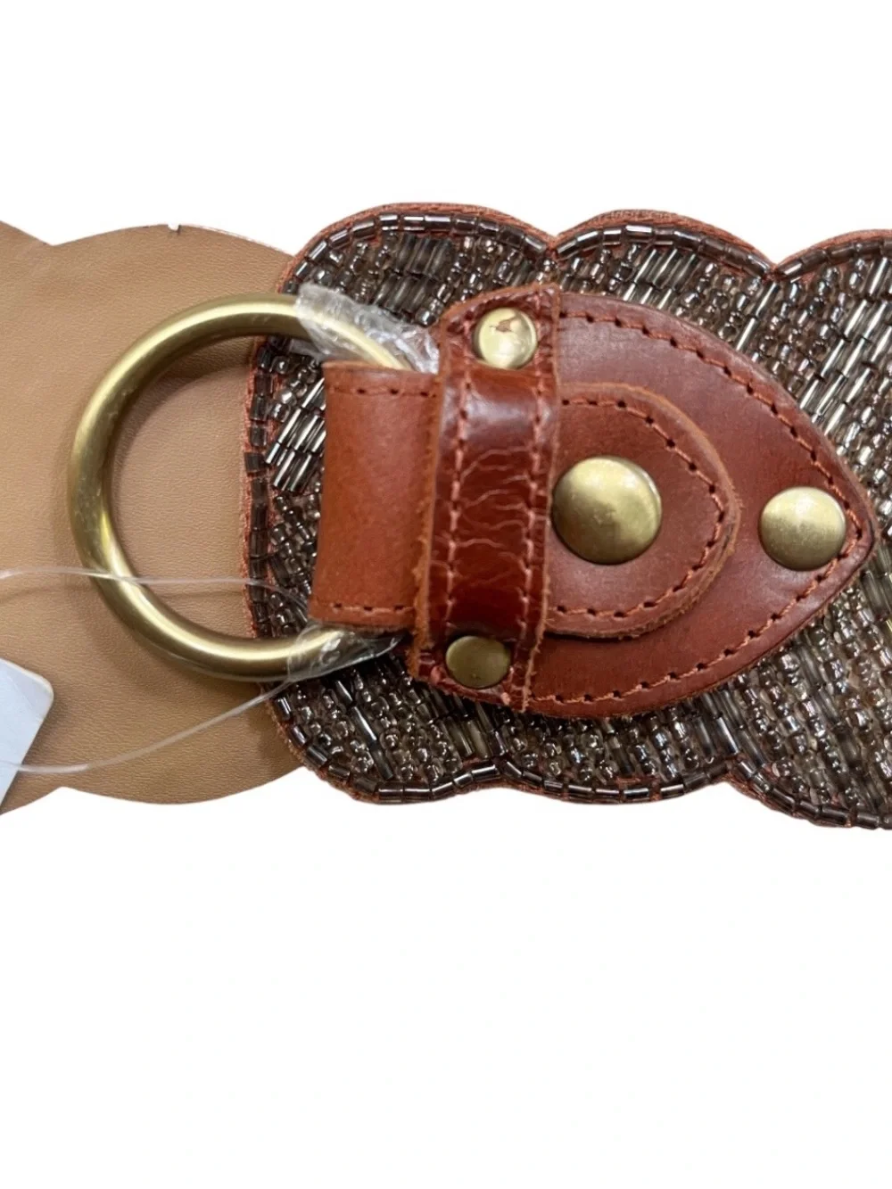 NWT Anthropologie Jasper & Jeera Corset Brown Leather Beaded Boho Belt, Sz Small